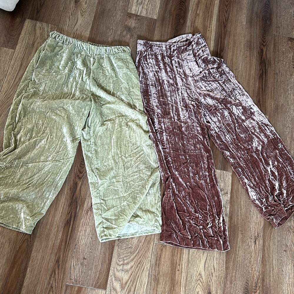 TWO Zara stretchy silk crush velvet high waisted pants mint green and mauve